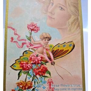 Fantasy Postcard Giant Blonde Goddess In Clouds Butterfly Cherub Angels CC No57